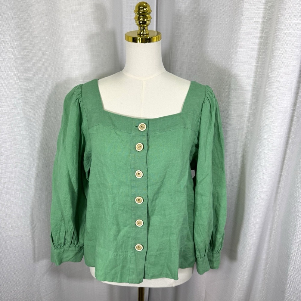 NEW J. Crew 100% Linen Women's Medium Green Top Blouse Preppy Office Puff Sleeve